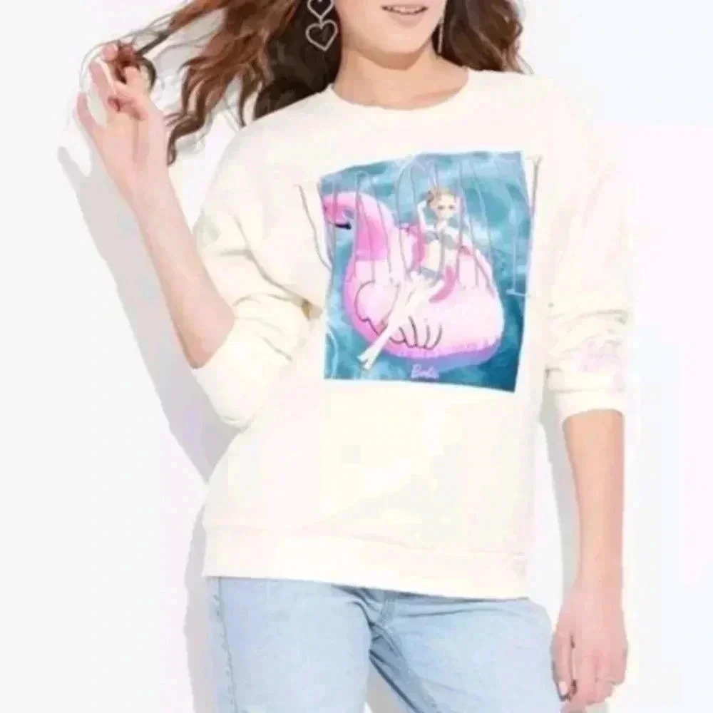 Barbie Sweatshirt Graphic Oversized Vacay Mode Pullover Long Sleeve Off White M